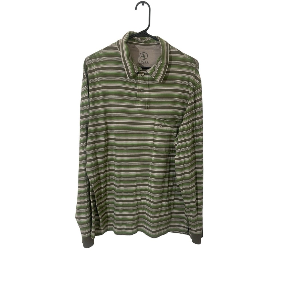 Aigle Men's Large Green Striped Long Sleeve Polo Organic Cotton Peru